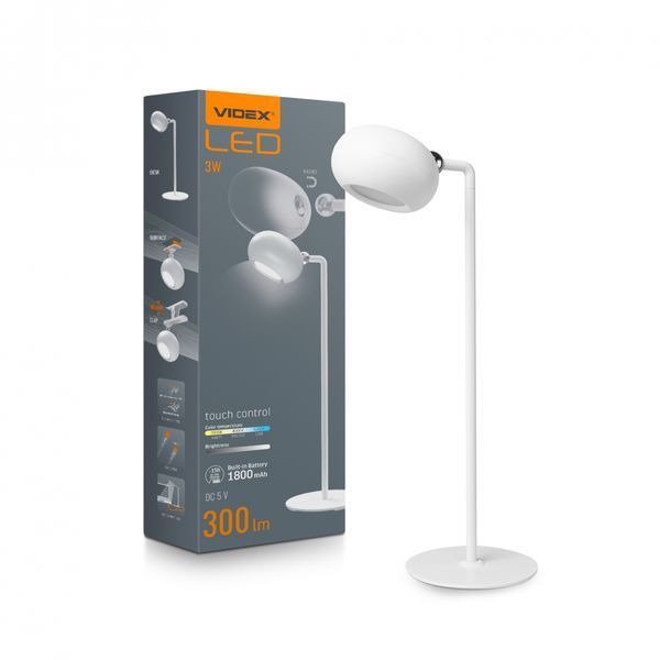 LED лампа настiльна з акумулятором VIDEX 3W 3000-5500K Біла VLE-TF18W фото