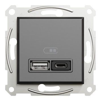 Розетка USB, 2 виходи, тип А+С, 3А, 45 Вт, антрацит Asfora Schneider Electric EPH2700471 фото