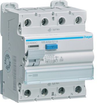 Реле диференційне (ПЗВ) 4P 10kA 125A 100mA A Hager CEA690C фото