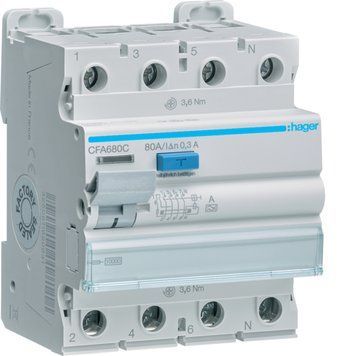Реле диференційне (ПЗВ) 4P 10kA 80A 300mA A Hager CFA680C фото