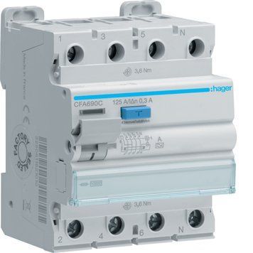 Реле диференційне (ПЗВ) 4P 10kA 125A 300mA A Hager CFA690C фото